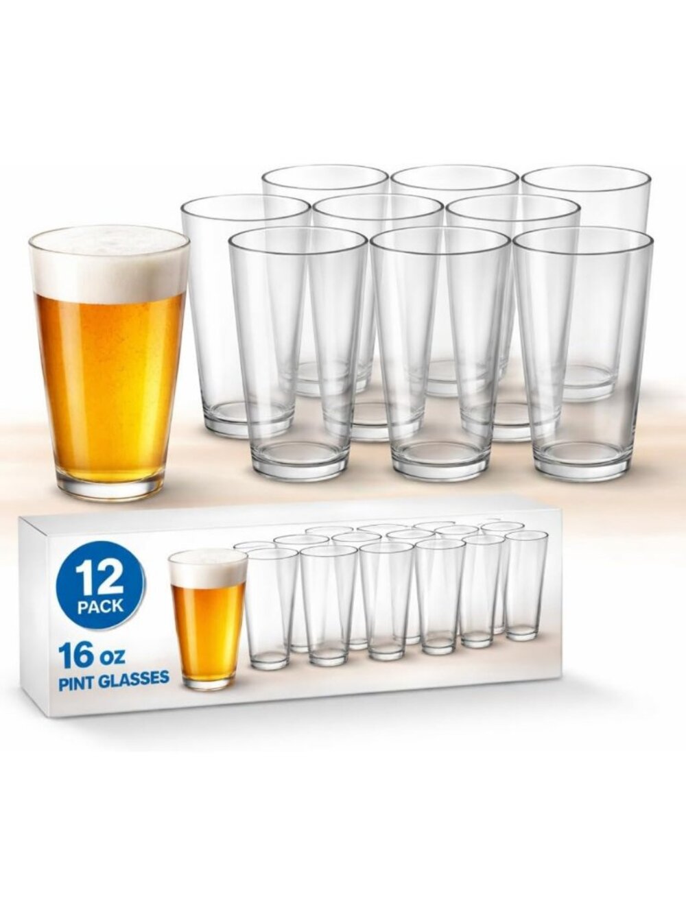 Set of 12 Durable 16 oz Clear Pint Glasses | Classic Everyday Beer Drinking